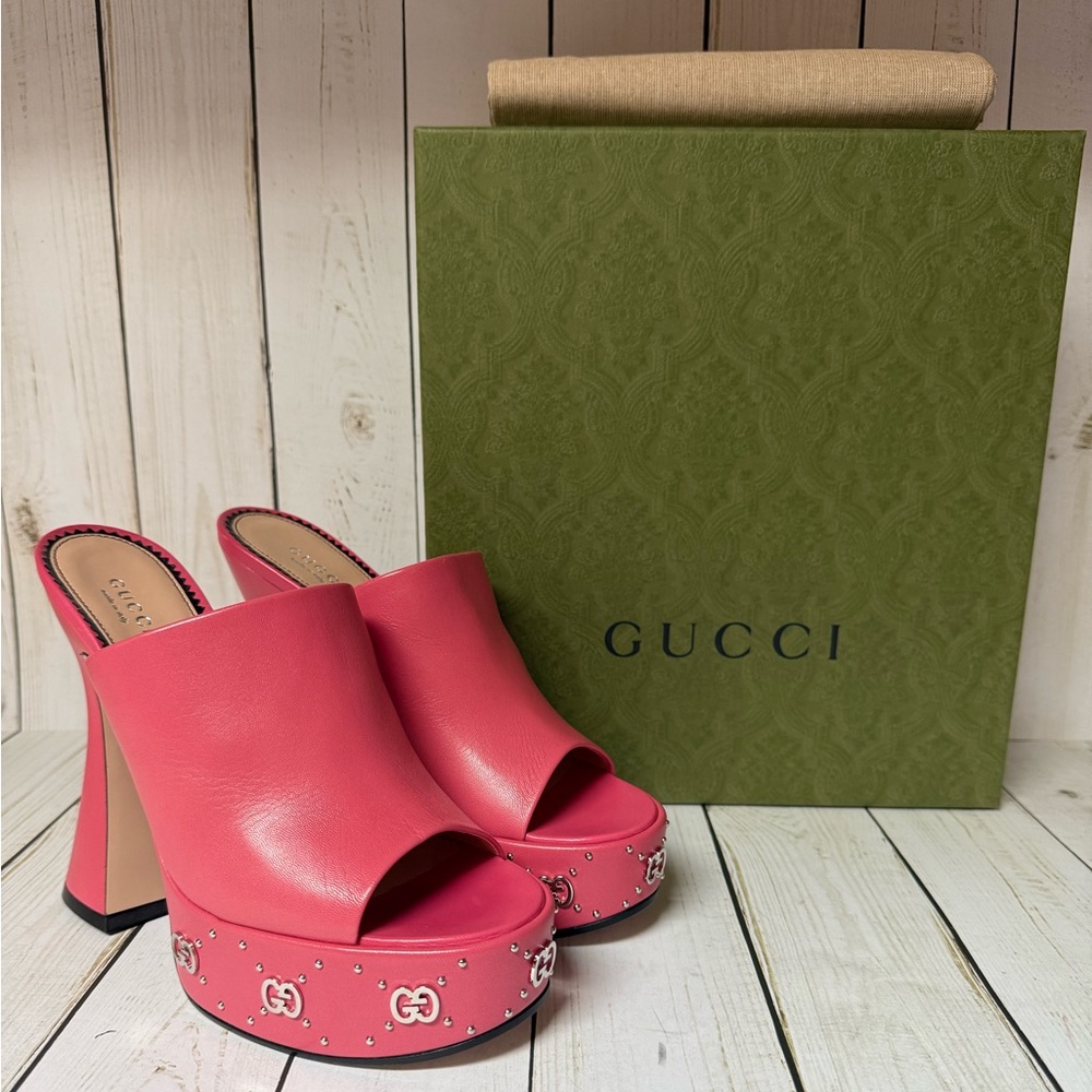 Gucci Malaga Kid Janaya Platform Leather Sandals Rhodamine Pink Sz 39.5 / 9.5 - Picture 1 of 16